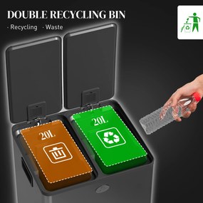 HOMCOM Kosz na śmieci 2 x 20L z pedałem, łatwy do czyszczenia, stal nierdzewna, tworzywo sztuczne, czarny | Aosom PL