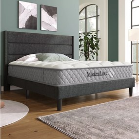 Łóżko tapicerowane dwuosobowe - 140 x 200 cm - z dnem listwowym + zagłówek - len - kolor szary (z materacem)