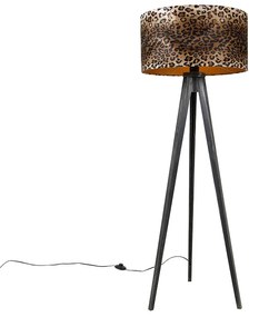 Lampa podłogowa trójnóg czarna z abażurem w panterkę 50 cm - Tripod Classic klasyczny/Antyczny Oswietlenie wewnetrzne