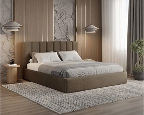 BESILIO Łóżko tapicerowane z pojemnikiem 180x200 Nuvia - Łóżko slim, miękkie wezgłowie, stelaż metalowy- Brązowy