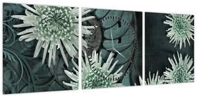 Obraz - Zielone kwiaty (z zegarem) (90x30 cm)
