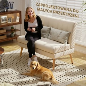HOMCOM Sofa 2-osobowa, pikowane oparcie, nogi drewniane, grube wypełnienie, efekt lnu, do małych pomieszczeń, beżowy | Aosom PL