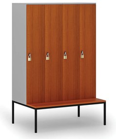Drewniana szafa ubraniowa S4 z ławką, 4-drzwiowa, 1871 x 1200 x 500/800 mm, demontaż, zamek obrotowy, szary/czereśnia