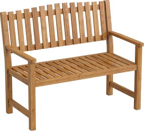 Outsunny Ławka ogrodowa 2-osobowa, odporna na warunki atmosferyczne, drewniana ławka z lamelowym designem i podłokietnikami, do 320 kg, 112 x 64 x 92 cm, naturalne drewno | Aosom PL