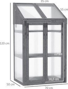 Outsunny Mini Szklarnia z Drewna, Mała Szklarnia z Oknami i Podwójnymi Drzwiami, 3 Półki, 70Dł x 50Szer x 120Wys cm, Szara