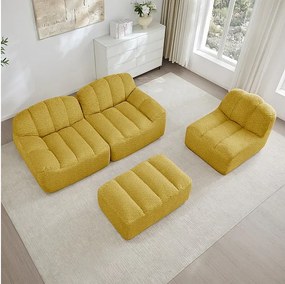Canapé 3 places modulable en forme de L - avec pouf - velours côtelé - 288x165x79cm - Jaune