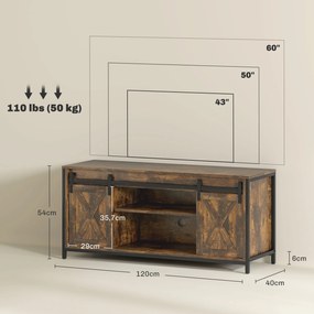 HOMCOM Niski stolik pod TV, design industrialny, na telewizory do 60'', 6 przegródek, 2 drzwi przesuwne, Brąz/Czarny