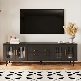 Czarna szafka RTV z 4 drzwiami i 2 szufladami, czarne drewniane nogi - do salonu i biura