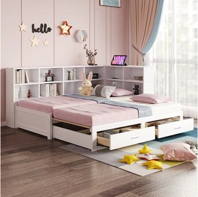 Rozkładana sofa - 90/180 x 190 cm - ze schowkiem + 2 szuflady + gniazdo - sosna + sklejka + MDF - biały