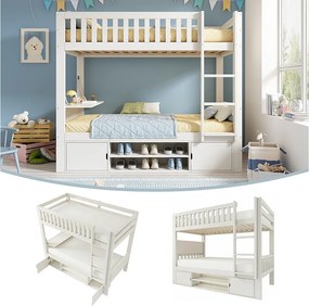 Łóżko piętrowe dla dzieci - 90 x 200 cm - ze składanym stolikiem + schowkiem na buty + 2 schowki - drewno - białe