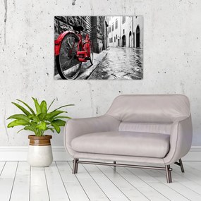 Obraz czerwonego roweru na brukowanej uliczce (70x50 cm)
