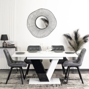 Zestaw Stół Prostokątny Rozkładany CLARK 120-160 cm Czarny/Biały Połysk i 4 Krzesła Tapicerowane do Salonu RICK Szare Welurowe