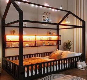 Łóżko dziecięce z metalu 90x200 cm - Wzór domku - z barierką bezpieczeństwa - z oświetleniem LED - Czarny​ (Materac nie jest wliczony w cenę)