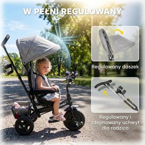 HOMCOM Rowerek 6w1 dla Dzieci z Rączką, Daszkiem, Pasem, Koszykiem, dla Dzieci 1-5 Lat, Szary
