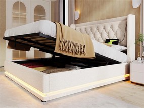 Łóżko tapicerowane 140 x 200 cm z tkaniny bawełnianej - z funkcją ładowania i LED u stóp łóżka - Beżowe