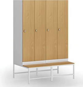 Szafka ubraniowa S1 z ławką, 2-drzwiowa, 1875 x 600 x 500/800 mm, zamek obrotowy, drzwi laminowane, dąb naturalny