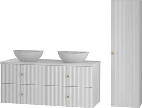 Biały Zestaw Łazienkowy 120cm Szafka z Blatem Umywalka Słupek Ryflowane Fronty Aqua