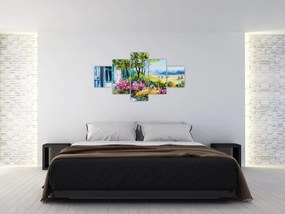 Obraz ogrodu przed domem, obraz olejny (125x70 cm)
