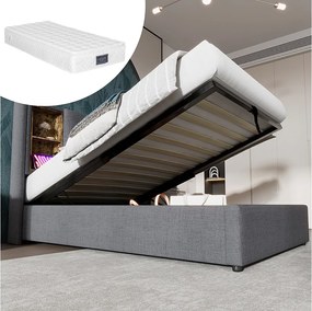 Łóżko tapicerowane ze schowkiem - 90 x 200 cm - Materac + Zagłówek z USB - Tkanina bawełniana - Szary