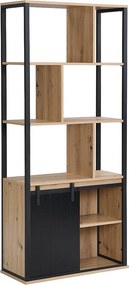 Biblioteczka z półkami i 1 przesuwnymi drzwiczkami z MDF i stali - Naturalny i Czarny - YALENA