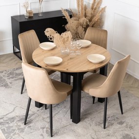 Zestaw Stół Okrągły Rozkładany HARRY 102-142 cm Dąb Artisan/Czarny i 4 Krzesła Tapicerowane BARI Beż Nowoczesne