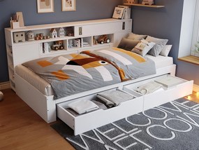 Łóżko dziecięce 135x190 cm - z 2 szufladami - Regulowane boczne półki - MDF - Biały (bez materaca)