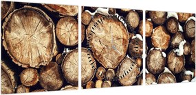 Obraz - Drewno w śniegu (z zegarem) (90x30 cm)