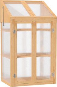 Outsunny Mini szklarnia, mała szklarnia z ramą drewnianą, oknami i podwójnymi drzwiami, 3 półki, 70Dł x 50Szer x 120Wys cm, Brązowa