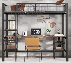 Łóżko mezzanine 90x200cm - z biurkiem + półką - z drabiną czterostopniową - żelazo + panele wiórowe - czarne (bez materaca)