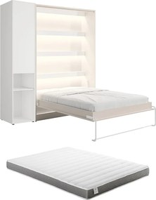 Łóżko chowane w szafie pionowe 160 x 200 cm - 1 kolumna do przechowywania - Z oświetleniem LED - Beżowe + Materac - RAPILI