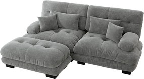 Sofa narożna 2-osobowa z tapicerowanymi podłokietnikami i podnóżkiem - szara tkanina szenilowa