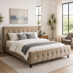 Łóżko Tapicerowane 160x200 cm LINO ze Stelażem Dwuosobowe Welurowe Beżowe
