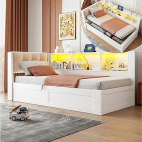 Łóżko z pojemnikiem 90 x 200 cm, półką boczną i oświetleniem LED – sosna, płyta MDF, płyta wiórowa i len – USB – białe (materac nie jest wliczony w cenę)
