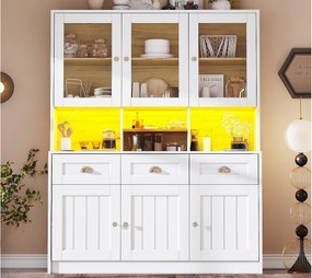 Nowoczesny kredens kuchenny 140x40x175cm - 6 drzwi + 3 szuflady + 9 półek - meble wysokie - z oświetleniem LED - Biały