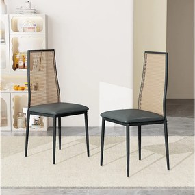 Zestaw 2 designerskich krzeseł do jadalni, skóra ekologiczna, oparcie rattanowe, nogi metalowe, kolor czarny 97,5x44x43 cm