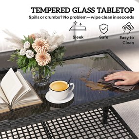 Outsunny Rattanowy stolik kawowy, dwupoziomowy stolik z półką, hartowany blat szklany i stalowa rama, czarny | Aosom PL