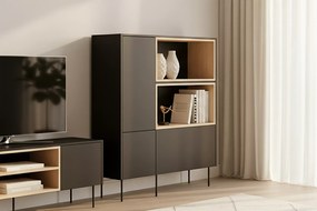 Komoda wysoka Desin 120 cm z wnękami i szufladą - czarny mat / dąb nagano