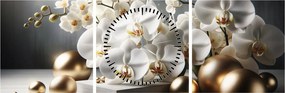 Obraz - Orchidea i złote kule (z zegarem) (90x30 cm)