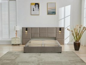 Łóżko ze skrzynią i zagłówkiem z wbudowanymi lampkami 160 x 200 cm - Welur - Taupe - SARETO