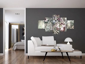 Obraz kwiatów na drewnianym kole (125x70 cm)