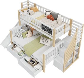 Łóżko piętrowe 90x200cm + 140x200cm z drewna - z 2 szufladami, zjeżdżalnią i schodami do przechowywania - Białe