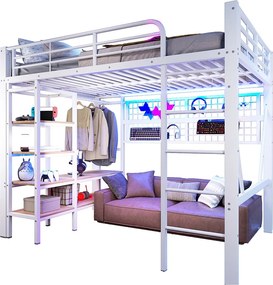 Łóżko piętrowe dla dzieci - 140 x 200 cm - rama żeliwna - z półką do przechowywania + drążek na ubrania + diody LED - metalowe - białe