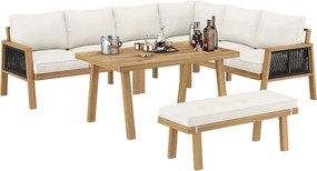 Zestaw mebli ogrodowych 6-osobowy - z narożnikiem + stolikiem kawowym + 1 ławką - Poliester - beżowy