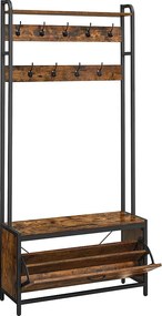 Wieszak na ubrania Valora z siedziskiem i półkami na buty – rustykalny brąz i czerń