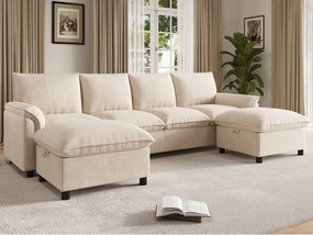 Modułowa sofa w kształcie litery U w stylu cloud - z 2 ruchomymi podnóżkami - z miejscem do przechowywania - tkanina szenilowa - Beżowa