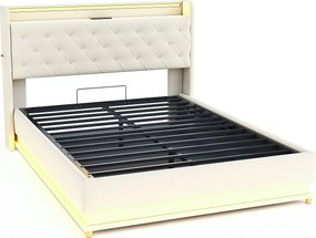Łóżko z tapicerowanym zagłówkiem z LED 140x200 cm - z portem ładowania USB - z tkaniny lnianej - Beżowe