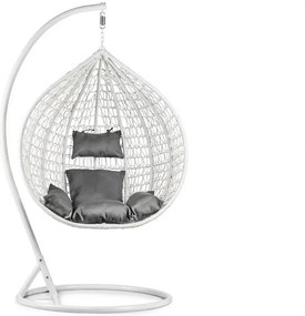 Białe wiszące krzesło KOKON ze stojakiem, szara poduszka