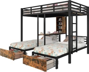 Łóżko piętrowe 140x200 cm + 90x200 cm – 3 miejsca do spania – z barierkami bocznymi – z przegrodami do przechowywania – 2 szuflady – czarne