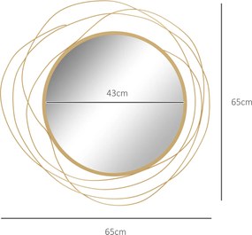HOMCOM Dekoracja ścienne, okrągłe lustro ściennie, Metalowa Rama, Φ65 cm, Kolor: Złoty