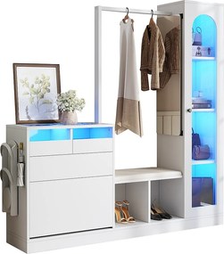 Szafa 6 w 1 - 163 x 35 x 161 cm - lustro + ława i szafka na buty + witryna + diody LED - płyta wiórowa - biała